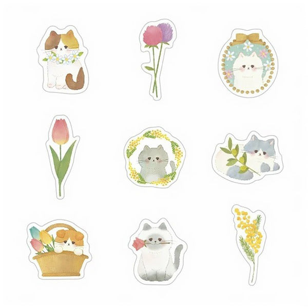 Stickers Japonais Yoko Cat - Flowers | Moshi Moshi Papeterie
