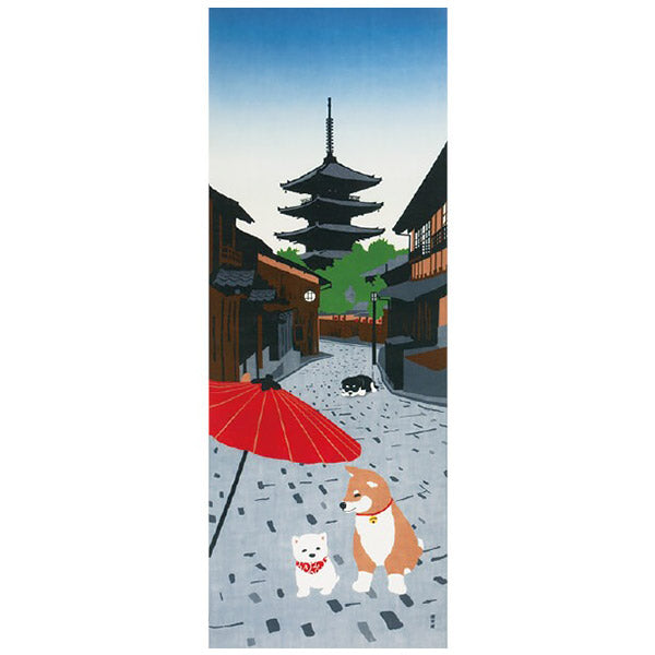 Tenugui Shiba Inu - Yasaka Pagoda | Moshi Moshi Déco Japonaise Paris