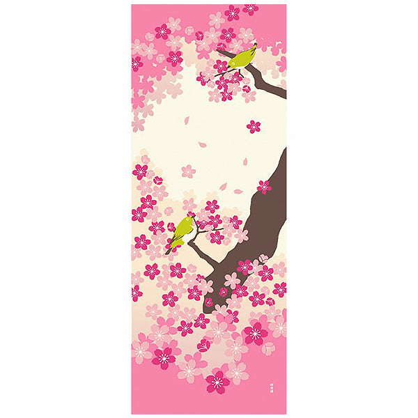 Tenugui Japonais - Mésange & Fleur de Cerisier | Moshi Moshi 