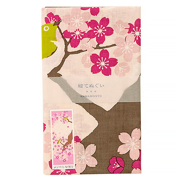 Tenugui Japonais - Mésange & Fleur de Cerisier | Moshi Moshi 