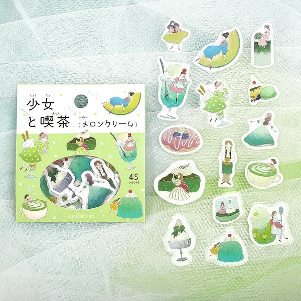 Stickers Box Girl & Coffee Shop - Melon | Moshi Moshi Papeterie