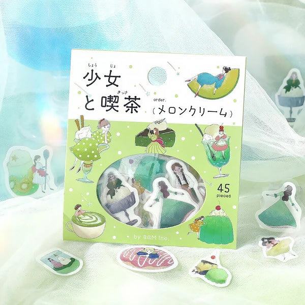 Stickers Box Girl & Coffee Shop - Melon | Moshi Moshi Papeterie