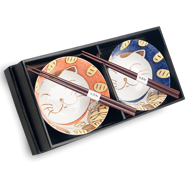 Coffret Bols Chat Maneki Neko Avec Baguettes - Cadeau | Moshi Moshi