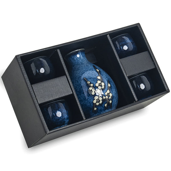 Set De Saké Umé Bleu - Bouteille + 4 Tasses à Saké | Moshi Moshi