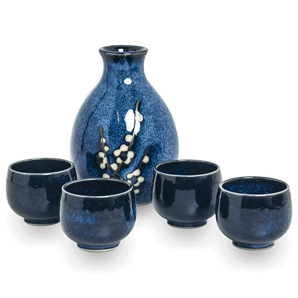 Set De Saké Umé Bleu - Bouteille + 4 Tasses à Saké | Moshi Moshi