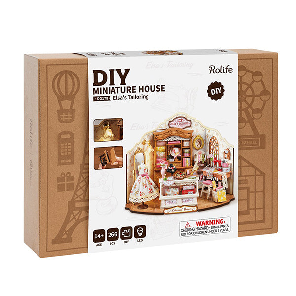 Rolife Elsa Kit de couture miniature en bois à faire soi-même - Style rustique vintage - Maison de poupée - Décoration de maison - Cadeau d'anniversaire pour elle