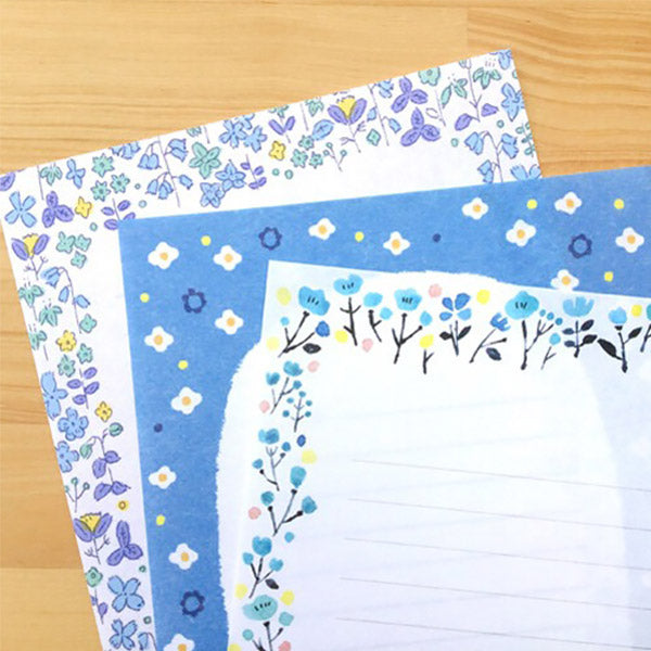 Papier Lettre Kimika - Blue Flowers | Moshi Moshi Papeterie Japonaise