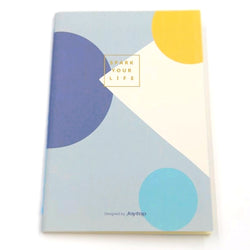 cahier design contemporain, ligne géographique avec rond, bleu, jaune, beige