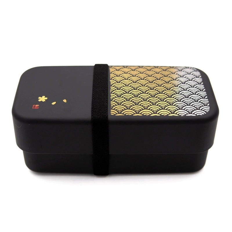 Bento lunch box Nori Noir anthracite 950ml avec un motif de vague or sur le côté, design et traditionnel, composé de 2 compartiments.