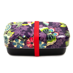 Boite Lunch Box floral et papillon mauve japon, 2 compartiments avec élastique rouge,