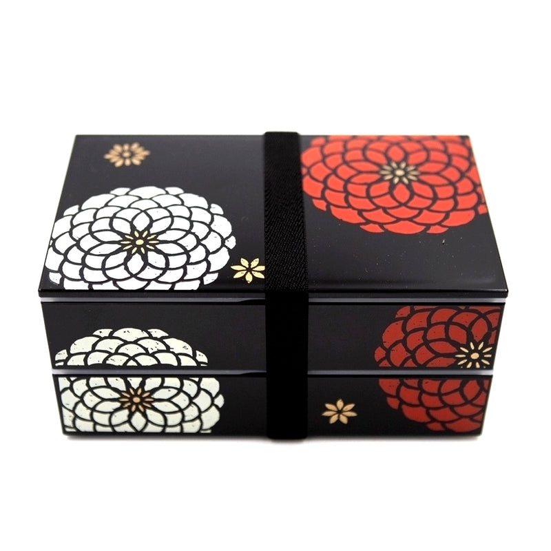 Boite bento, lunch box noir avec 2 grosses fleurs rouge et blanches en imprimé, effet laqué. Japon