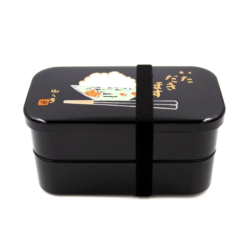 Boite bento lunch box noir 2 compartiments avec un dessin de bol de riz vert accompagné d'une paire de baguette. Inscription bon appétit en japonais