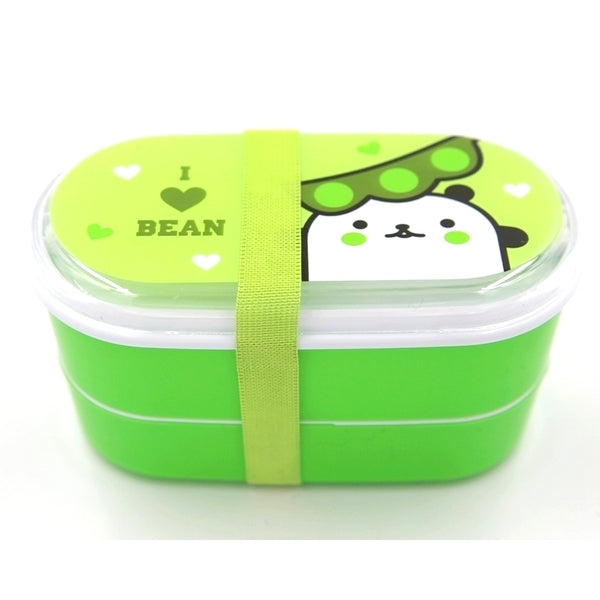 Bento Lunch Box Rectangle vert, panda blanc mignon tenat un haricot vert sur la tête
